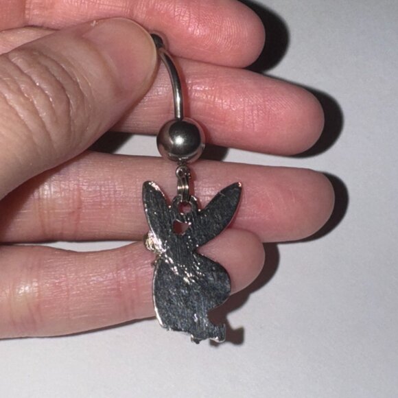 Hot Pink and white Play boy-looking Bunny Dangle Belly Ring - Picture 5 of 9